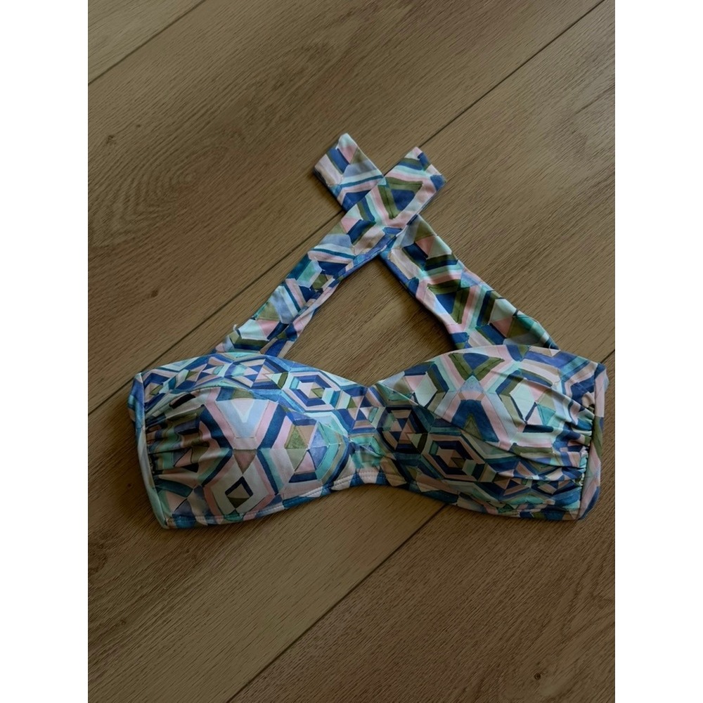 La Blanca Women 8 Blue Pink Geometric Mosaic Halter Bandeau Bikini Top Swimwear